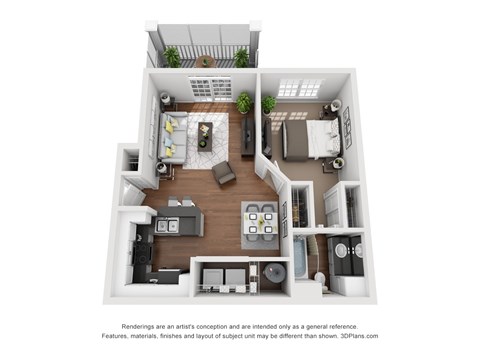 Floor plan for 1 bed, 1 bath, 661 sqft